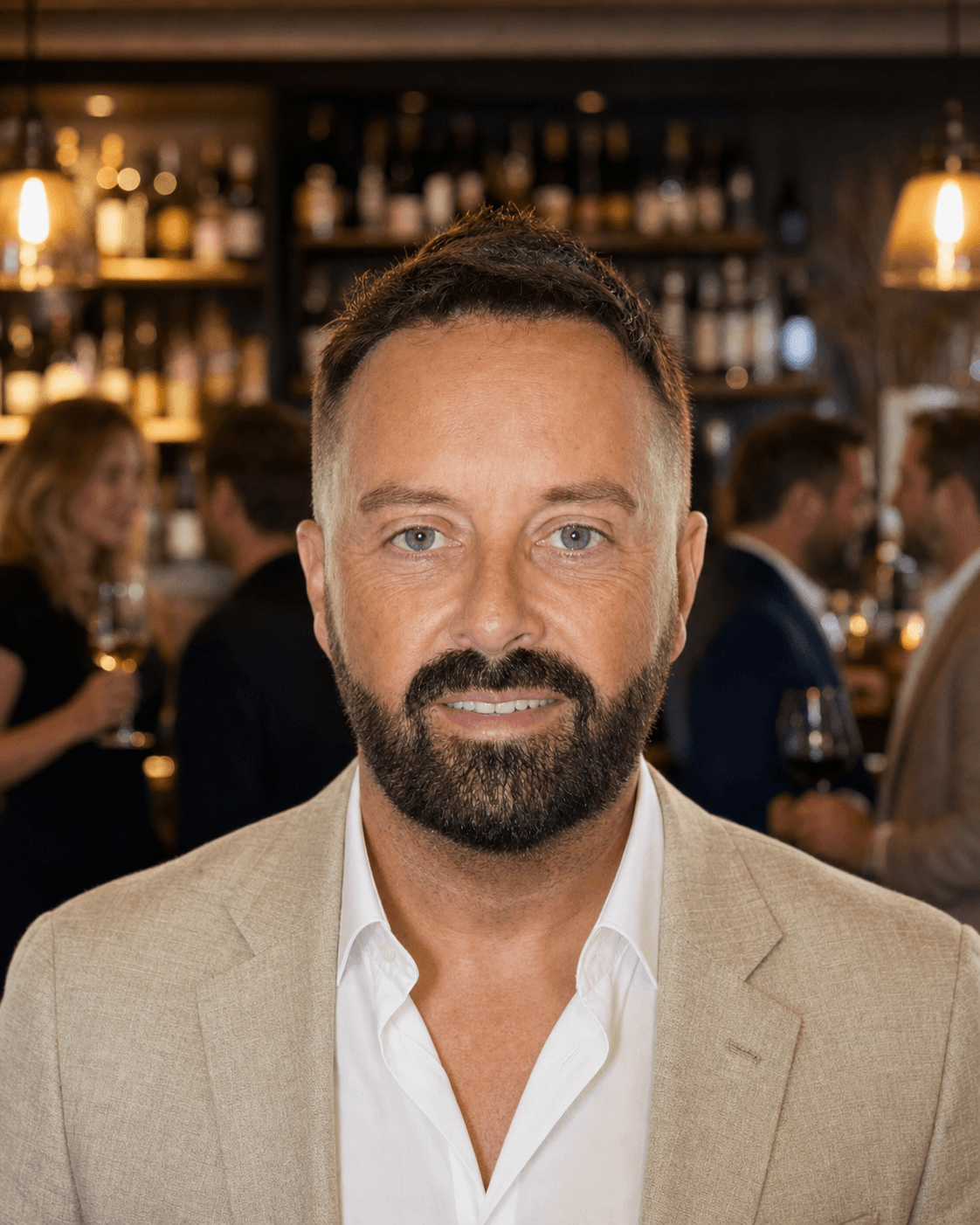 Lee Parker smiling in a linen suit at a lively wine bar, founder of Cellar Social